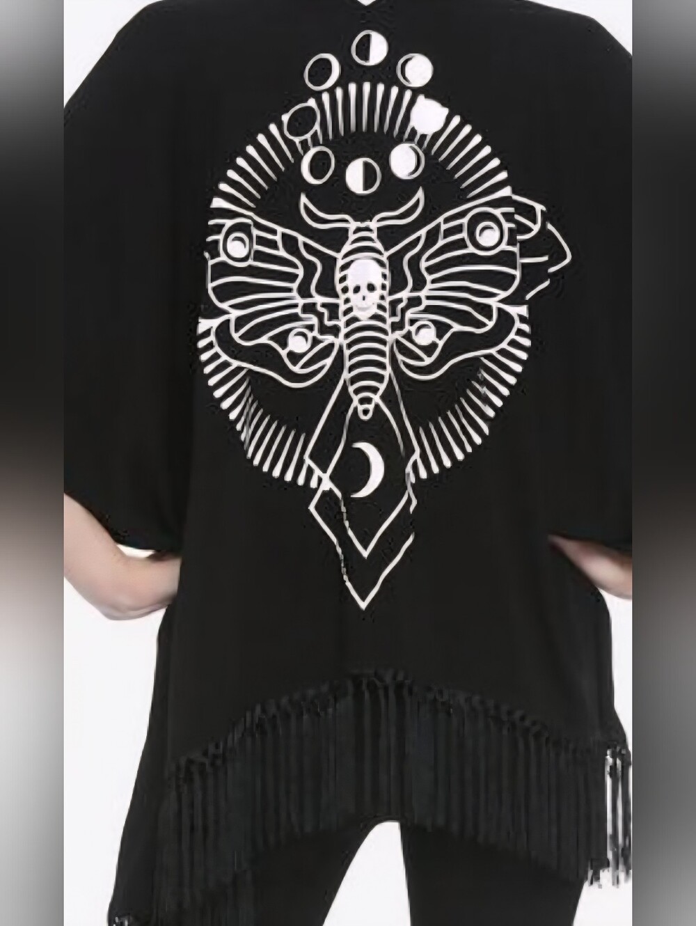 Hot Topic Kimono Fringe Tunic with Moth Moon Graphic Black 2X